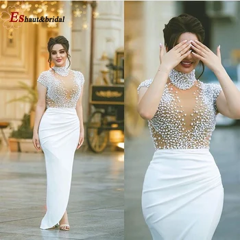Dubai Elegants Sirēna Vakara Kleita Sievietēm 2020. Gadam Arābija Augstas Kaklu garām Piedurknēm Pērles Frēzēšana oficiālā Puse Kleitas