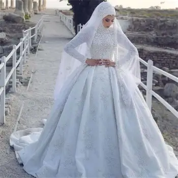 Ir 2021. Musulmaņu Kāzu Kleita ar Hijab garām Piedurknēm Mežģīnes Appliqued Slaucīt Vilcienu Kāzu Kleitas Vestido De Novia