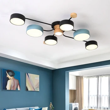 LED griestu lampas modernās Ziemeļvalstu minimālisma 220V lampas melnā un zilā kaltas dzelzs krāsas abažūrs koka apaļas guļamistaba, dzīvojamā istaba