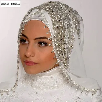 Pasūtījuma Musulmaņu Plīvuri Hijab Luksusa Kristāla Krelles Līgavas Plīvuri Viens Slānis Ērts Izgatavots Kāzu Aksesuāri Velos De Novia