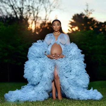 Plus Lieluma Pilnu Piedurknēm Celebrity Kleitas Debesis Zilas Sievietes Grūtniecības Stāvoklī Puse Sleepwear Ruffles Dzemdību Photoshoot Kleitas