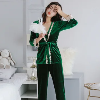 Sieviešu Pidžamas, Cieta Kopumā 3Pcs Sleepwear Komplekts Samts Pidžamas Sexy Mežģīņu Pijama Nightie Homewear Mājas Drēbes Rudens Naktsveļu