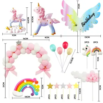 Unicorn kūka top cepure, dzimšanas dienas kūka apdare, 1 rozā kažokādu bumbu arch 1 rainbow 1 happy birthday banner 2 mākoņi 4 baloni 10 st