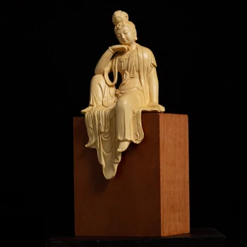 13cm Guanyin Bodhisatva Boxwood Griešanai Budas Statuja Mājas Apdare Amatniecības Cietā Koka Skulptūru Piederumi