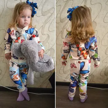 2018 Pavisam Jaunu Rudens Ziemas Infant Baby Meitenes Modes Apģērbu 2GAB Krāsains Tauriņš garām Piedurknēm ar Rāvējslēdzēju Jaka, Mētelis Topi+Bikses