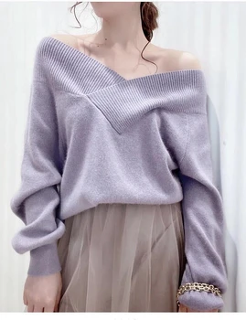 2020. gada rudens un ziemas jauniem produktiem, salds un elegantu V-kakla puff piedurknēm off-the-plecu džemperis džemperis sievietēm