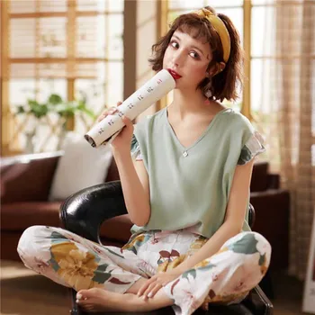 2020. gada Vasaras Jaunas Dāmas Komfortu Sleepwear Ziedu Iespiesti Sieviešu 2gab Salds Pidžamas Komplekts Īsām Piedurknēm Top+Bikses, Liela Izmēra Homewear