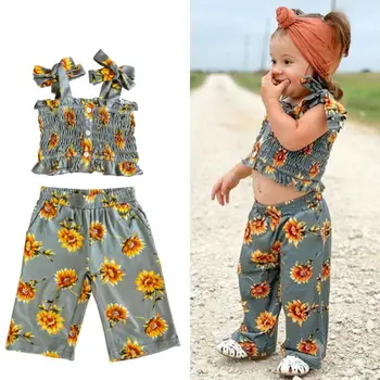 2GAB Baby Toddler Meitenes Ziedu Drēbes Izslēgts Plecu Crop Topi+Bikses Tērpiem Meiteņu Drēbes, Uzstādīt