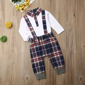 2gab Jaundzimušais Zēns, Apaļu Kakla Krekls ar garām Piedurknēm + Pleds Siksna Bikses Apģērbu Komplekts