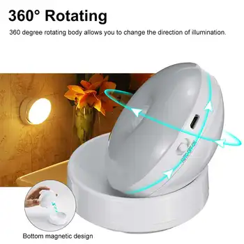 360 Grādu Rotācijas LED Kustību Sensors Nakts Gaisma USB Uzlādējams Lukturis ar Magnētisko Bāzi, Kāpnes, Guļamistaba, Vannas istaba, Virtuve