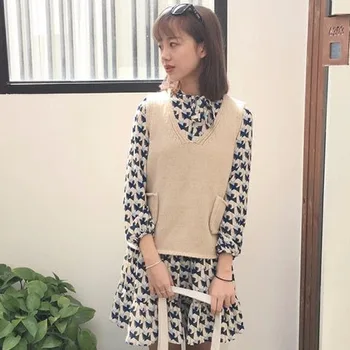 Adīti džemperi, vestes, vestes sieviešu rudens jauns korejiešu koledžas stila zaudēt studentu v-veida kakla džemperis veste v kakla džemperis bez piedurknēm