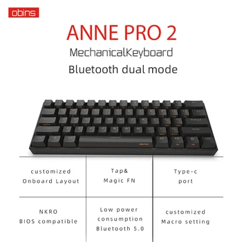 Anne Pro2 mini portatīvo 60% mehāniskā tastatūra, bezvadu bluetooth Gateron mx Zils Brūns switch spēļu tastatūra, noņemams kabelis