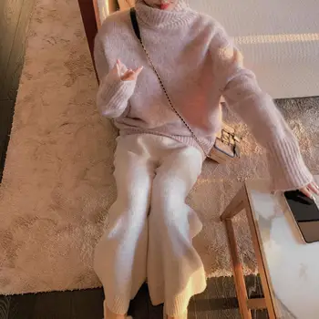 Augstu uzrullētu apkakli Jaunas Ziemas Džemperis Sieviešu Džemperis Meitenēm, Topi Vintage Adīšanas Rudens Sieviešu Adīto Virsdrēbju Siltu Džemperi Oversize