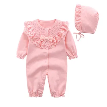 Baby Girl Kombinezonus Viens Gabals Romper+Cepure ar garām Piedurknēm Jumpsuit Kokvilnas Mežģīnes Toddler Apģērbu Zīdaiņu Kombinezonus Princese stila Apģērbu