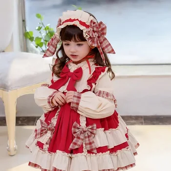 Baby Girl Rudens Ziemas Long Sleeve Red Vintage spāņu Lolita Princese Bumbu Kleita Priekšgala Kleita Dzimšanas dienā, Ziemassvētku Puse