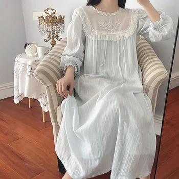 Balts Mežģīņu Kokvilnas Sieviešu Vintage Ilgi Nightgowns Rudens Sleepwear Elegants Sieviešu Nakts Kleita Mājās Valkā 2219