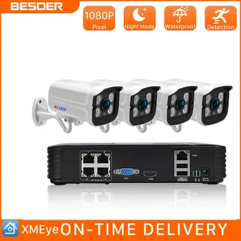 BESDER Full HD 1080P 4 Kanāls CCTV Sistēma, 4 gab. Metāla Āra IP Kamera 4 CH POE 15V VRR CCTV Drošības Komplekts HDMI e-Pasta Trauksmes P2P