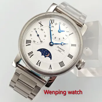 Bezmaksas Piegāde 42mm parnis white dial GMT Mēness Fāzes puses likvidācijas kustību mens watch W54S
