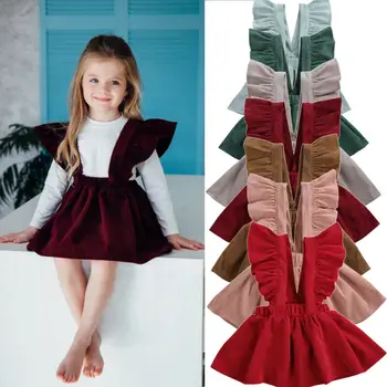 Bērni, Meitenes Ruffles Lidot Piedurknēm Siksniņa Dress Velveta Cietā Tutu Svārki Drēbes Gudrs Ziemas Modes Sweety Tērpiem Anglijas Stils