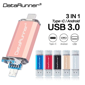 DataRunner OTG 3 in 1 USB Flash Drive USB3.0 & Type-C & Micro USB Pen Drive 32GB 64GB, 128GB un 256 gb 512 GB Pendrive Viedtālrunis
