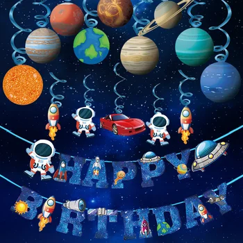 Dzimšanas Dienas Svinības Apdare Kosmosā Apgaismības Tēma Karājas Swirls Raķešu Planētas Astronauts Boy Bērniem, Dzimšanas Dienu Dekori