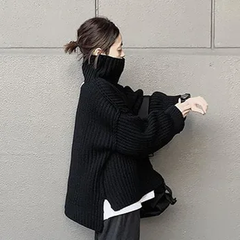 Džemperis Sabiezēt Sieviešu Melnu Bēša Augstu Uzrullētu Apkakli Mīksti Adīts Tops Ziemas Korejas Japāna Gadījuma Sieviešu Džemperi Džemperi Ar Garām Piedurknēm