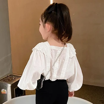 Elegants princese Meiteņu Blūze Baltā Krekli, Kokvilnas Mežģīņu Krekls Rudens garām Piedurknēm Toddler bērnu Topi bērniem outwear džemperis 2-8t