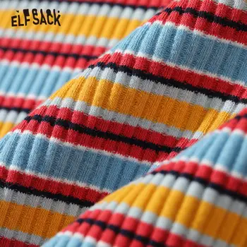 ELFSACK Colorblock Svītrainu Trikotāžas Gadījuma Džemperi Džemperi Sievietēm,2020. Gada Rudenī ELF Šiks Pogu,korejiešu Dāmas Ikdienas Slim Topi