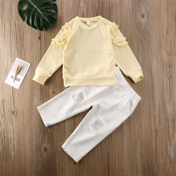 Gadījuma Baby Girl Pavasara Apģērbu ar garām Piedurknēm Zīdainis, Mazulis Baby Girl Apģērbu Savirmot Top T-krekls Ripped Bikses Apģērbs 2-7 Gadi