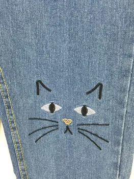 Gudrs kaķis rakstu izšūšana sieviešu džinsi sieviete push up džinsi ar augsto vidukli, mamma džinsa bikses femme draugs džinsi sievietēm