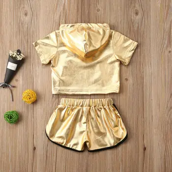 Imcute 2020. gadam Infant Baby Meitenes Modes pelēkā vārna tracksuit komplekts Zelta Cietā Kapuci Top šorti Ikdienas Sporta Komplekts Meitenēm 2gab Tērpiem