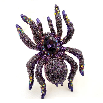 Izsmalcinātu AB Akcentu Lielajam Violeta Rhinestone Spider Piespraudes Zelta Toni 8 Kāju Bīstamu Zirneklis Pin Halloween Kostīmu Rotaslietas