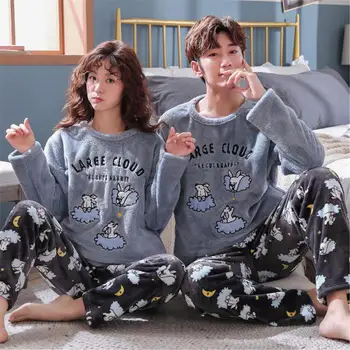 Karikatūra Pāriem Sieviešu Pidžamas Vīriešu Sleepwear Pijamas Dāmas Ziemas Vilnas Flaneļa Silts Pidžamas Komplekts Homewear Meitenēm Naktsveļu