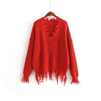 Karstā pārdošanas Fai 35-1186 Eiropas un Amerikas modes V apkakles, piedurknes piedurknes pušķis džemperis