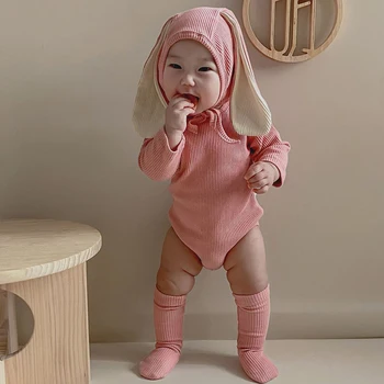 Korejiešu Stilā, Baby Zēni Meitene tīrtoņa Krāsu Kombinezonus Rudens Toddler Baby Girl Apģērbu ar garām piedurknēm Romper+Trušu Auss Cepure+Zeķes