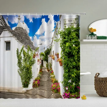 Lauku pastorālo ziedu dekorācijas dušu aizkariem, vannas istabā dušas aizkars 3D auduma vannas aizkaru ar āķi ūdensizturīgs vannas ekrāns