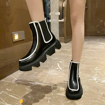 Luksusa Īstas Ādas Sieviešu Chelsea Boot Mujer Botas Slip-On Potītes Zābaki Sieviešu Chunky Platforma Modes Dāmas Īsi Zābaki
