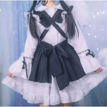 Melnā un Baltā Lolita Kleita Gotu Meitene Apģērbs Priekšauts Kleita Anime Cosplay Kostīms Sieviešu Garās Kleitas Halovīni Kostīmi