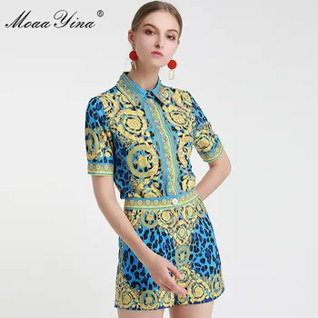MoaaYina Modes Dizainere Uzstādīt Pavasara Vasaras WomenShort piedurknēm Fāzēm Vintage Dot Drukas Krekls Topi+Šorti divdaļīgs kostīms