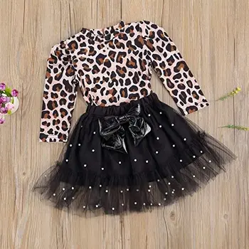 Modes Rudenī Bērniem, Meitenēm 2-gabals Apģērbs Atbilstu Leopards Drukāt garām Piedurknēm Džemperis Tops+Svārki ar Perlamutra Loku Puse Zīdaiņu Drēbes