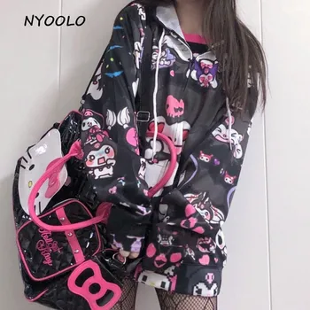 NYOOLO Harajuku streetwear cute karikatūra ar garām piedurknēm plus lieluma rāvējslēdzēju, kapuci jaka sievietēm auduma Japānas stila sweet meitenes virsdrēbes