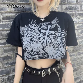 NYOOLO Harajuku streetwear krusta drukāt Kultūru Tops ar īsām piedurknēm punk T-krekls sievietēm auduma Vasaras Deju, hip hop O-veida kakla t-veida krekls topi