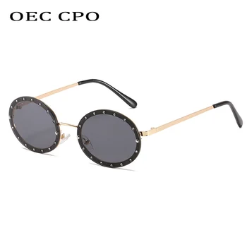 OEC CPO Rhinestone bez apmales Apaļas Saulesbrilles Sieviešu Modes Metāla Rāmis Melns, Rozā, Saules Brilles Sieviešu Vintage Toņos UV400 O757