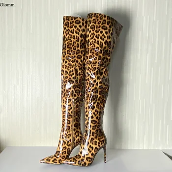 Olomm 2020. gadam, Sievietēm, Augšstilba Augstu Spīdīgi Zābaki Sexy Duncis Papēži Zābaki Norādīja Toe Super Sexy Leopard Kluba Kurpes Sieviešu MUMS Lielums 5-15
