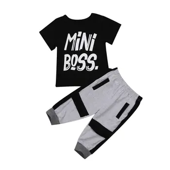 Pudcoco 2gab Bērniem, Baby Boy Gadījuma Kokvilnas ar Īsām Piedurknēm O-veida kakla Mini Boss Iespiests T-krekls, Bikses Tērpiem Komplekts 1-6years Helen115