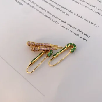 Punk Drošības pin auskari sievietēm, vīriešiem, zelta krāsa, zaļš rhinestone smieklīgi radošo auskari