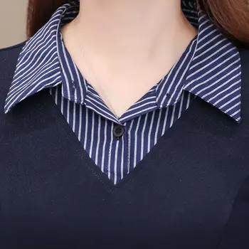 Raibs svītrainām turndown apkakles krekls, kleita sievietēm rudens slaids viduklis pogu midi kleita plus izmēra 5XL tumši-zils-line kleita