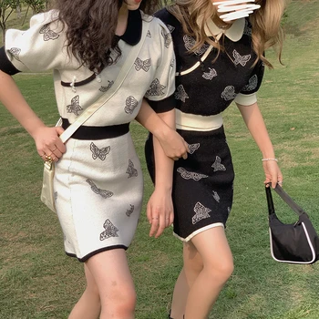 Rudens Adīts Divas Gabals Svārki Komplekti Sievietēm ar Īsām Piedurknēm Topi + Elastīgs Viduklis-line Mini Svārki Uzvalki Femme Tauriņš izšūšana