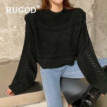RUGOD Vintage Trikotāžas Džemperis Pusi Apkakles Džemperis Trikotāžas Džemperis Ziemas Tops Sievietēm, korejiešu Stilā Sieviešu Džemperi 2019