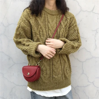 Savīti Apaļu Kakla Džemperi Sievietēm 2019 Rudens Ziemas Jauno Korejas Zaudēt Slinks Tīrtoņa Krāsu Trikotāžas Džemperis Džemperis Vintage Džemperis